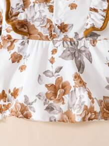 Đứa bé gái In hoa Viền Ruffle tay áo lá sen Áo & Quần ống loe & Băng đô đầu - Cà phê nâu - Xem 7