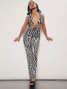 SHEIN SXY Hoa & sọc Cổ Lao Không lưng Dây Váy bodycon - Đen và trắng - Xem 1