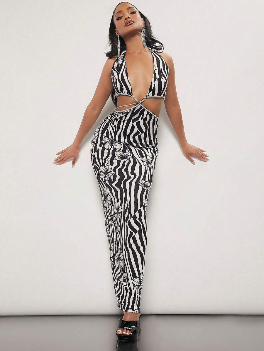 SHEIN SXY Hoa & sọc Cổ Lao Không lưng Dây Váy bodycon - Đen và trắng - Xem 1