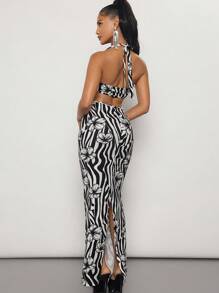 SHEIN SXY Hoa & sọc Cổ Lao Không lưng Dây Váy bodycon - Đen và trắng - Xem 2