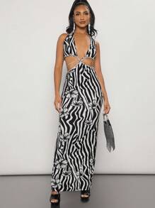 SHEIN SXY Hoa & sọc Cổ Lao Không lưng Dây Váy bodycon - Đen và trắng - Xem 3