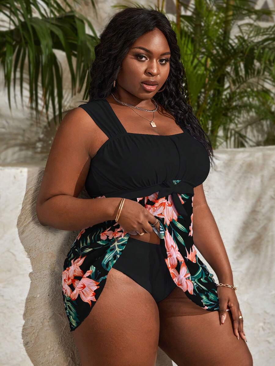 SHEIN Swim Curve Summer Beach Plus Tropical Print Ruched Bust Dress Swimsuit - Black - View 1