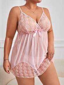 大碼蕾絲拼接前蝴蝶結網紗吊帶睡裙附丁字褲 - 粉色 - 查看 4