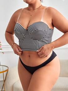 大碼條紋印花鋼圈胸罩 - 黑與白 - 查看 4