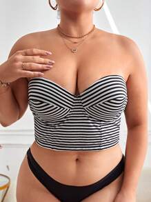 大碼條紋印花鋼圈胸罩 - 黑與白 - 查看 5