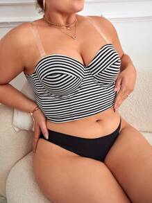 大碼條紋印花鋼圈胸罩 - 黑與白 - 查看 6