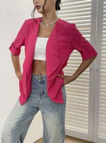 SHEIN Unity Waterfall Collar Roll Up Sleeve Open Front Coat - Hot Pink - View 6