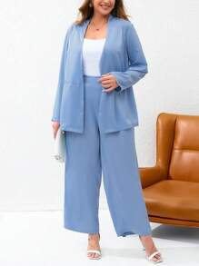SHEIN Essnce Plus Solid Single Button Blazer & Wide Leg Pants - Dusty Blue - View 2