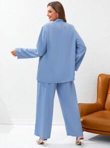 SHEIN Essnce Plus Solid Single Button Blazer & Wide Leg Pants - Dusty Blue - View 3
