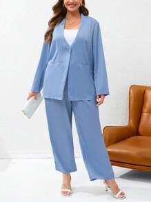 SHEIN Essnce Plus Solid Single Button Blazer & Wide Leg Pants - Dusty Blue - View 4