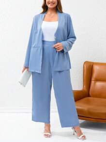 SHEIN Essnce Plus Solid Single Button Blazer & Wide Leg Pants - Dusty Blue - View 5