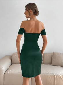 Allurite Off Shoulder Ruched Tulip Hem Satin Dress - Dark Green - View 2