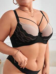 Plus Contrast Lace Underwire Bra, Lingerie - Dark Grey - View 3
