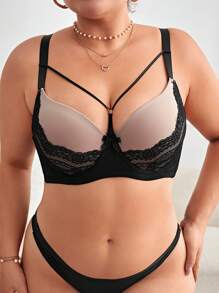 Plus Contrast Lace Underwire Bra, Lingerie - Dark Grey - View 4