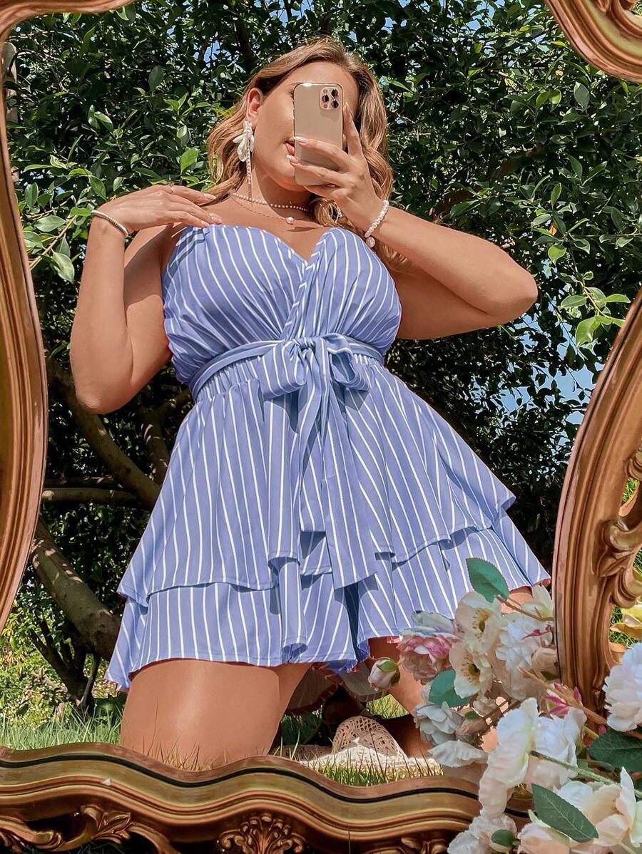 Flirla 休閒腰帶 多層分層 交叉條紋加大碼連身褲 - 彩色 - 查看 1