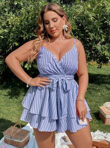 Flirla 休閒腰帶 多層分層 交叉條紋加大碼連身褲 - 彩色 - 查看 3