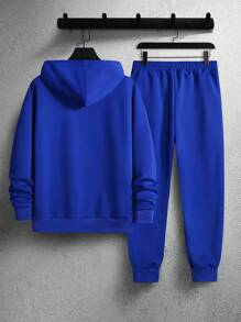 Manfinity Homme 男士字母貼布袋鼠口袋抽繩連帽衫和運動褲 - 寶藍色 - 查看 4