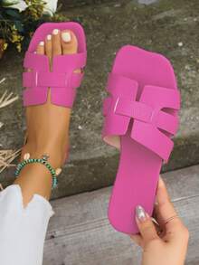 女性蛇印花鏤空拖鞋,平底涼鞋 - 玫紅色 - 查看 1