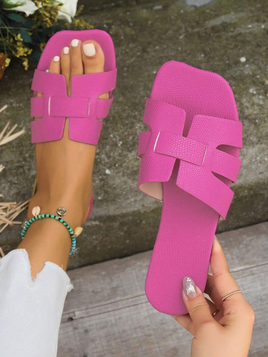 女性蛇印花鏤空拖鞋,平底涼鞋 - 玫紅色 - 查看 1