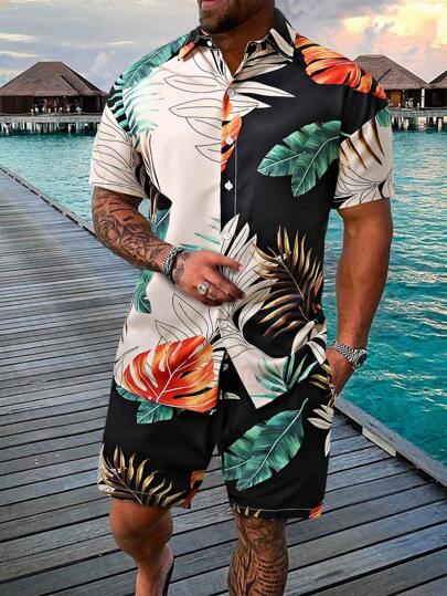 Herren Zufälliges Tropical Muster Hemd & Shorts mit Kordelzug ohne T-Shirt, Herren 2-teiliges Set Tropical, Herren Tropical Outfit, Herren Urlaubs-Shorts-Sets, Gemütliche Outfits