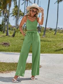 SHEIN Essnce Chất rắn Cami ngọn & Thắt lưng Quần ống rộng - màu xanh lá - Xem 5