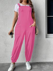 Flirla Plus Solid Dual Pocket Overall Jumpsuit Without Tee - Pink - View 1