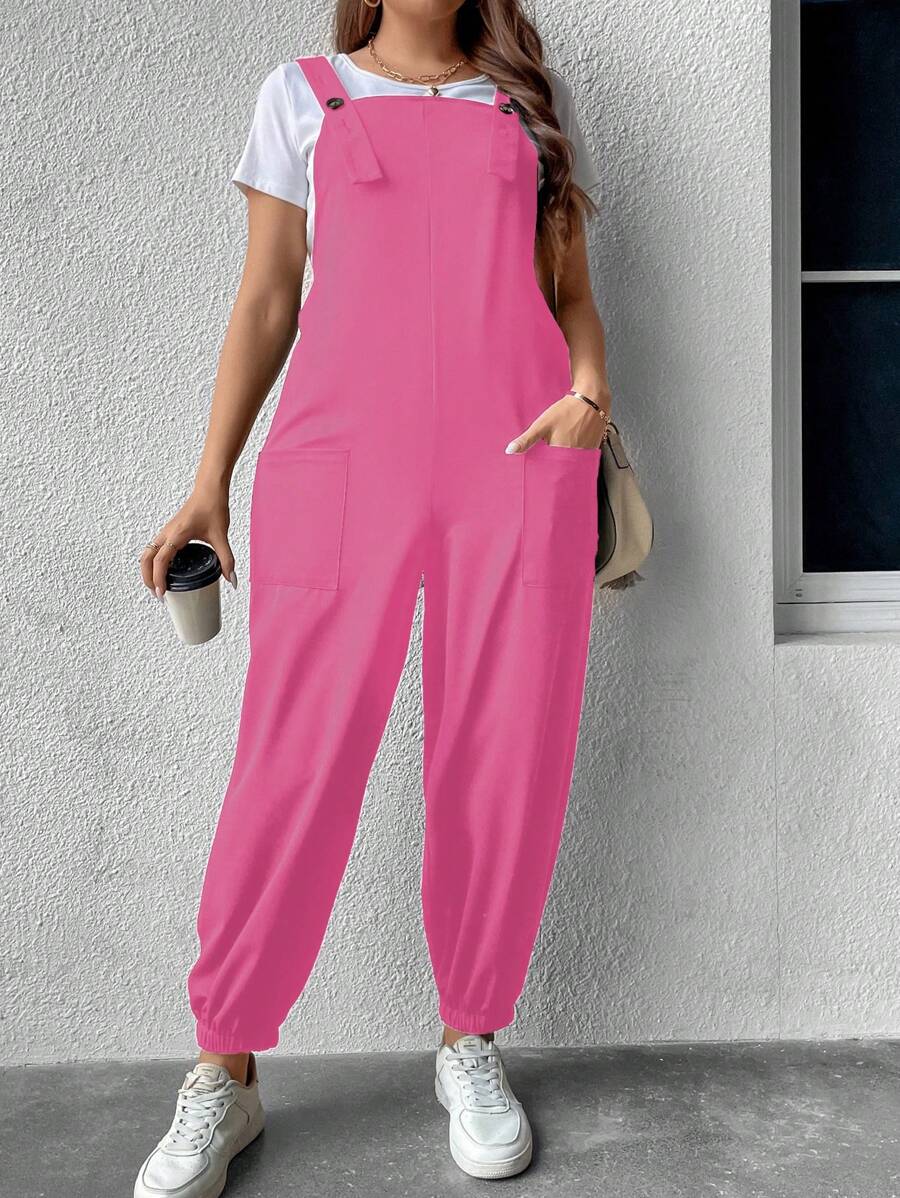Flirla Plus Solid Dual Pocket Overall Jumpsuit Without Tee - Pink - View 1