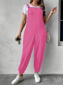 Flirla Plus Solid Dual Pocket Overall Jumpsuit Without Tee - Pink - View 4