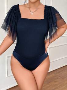 Calvaya 大碼網紗拼接蝴蝶袖方領連身背心 - 藏蓝色 - 查看 1