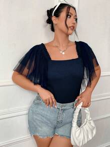 Calvaya 大碼網紗拼接蝴蝶袖方領連身背心 - 藏蓝色 - 查看 4