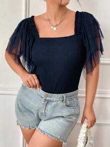 Calvaya 大碼網紗拼接蝴蝶袖方領連身背心 - 藏蓝色 - 查看 6