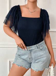 Calvaya 大碼網紗拼接蝴蝶袖方領連身背心 - 藏蓝色 - 查看 7