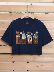 INAWLY Nước uống Và In Trái tim Áo phông Crop - Màu xanh hải quân - Xem 1