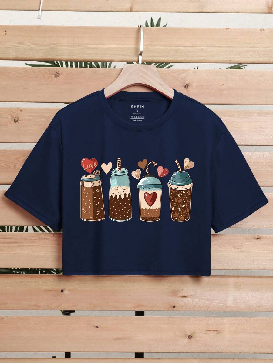 INAWLY Nước uống Và In Trái tim Áo phông Crop - Màu xanh hải quân - Xem 1