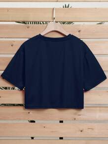 INAWLY Nước uống Và In Trái tim Áo phông Crop - Màu xanh hải quân - Xem 2