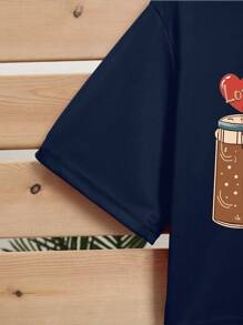 INAWLY Nước uống Và In Trái tim Áo phông Crop - Màu xanh hải quân - Xem 4