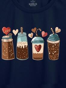 INAWLY Nước uống Và In Trái tim Áo phông Crop - Màu xanh hải quân - Xem 5