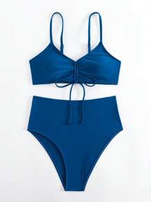 束口高腰比基尼套裝 - 藍色 - 查看 1