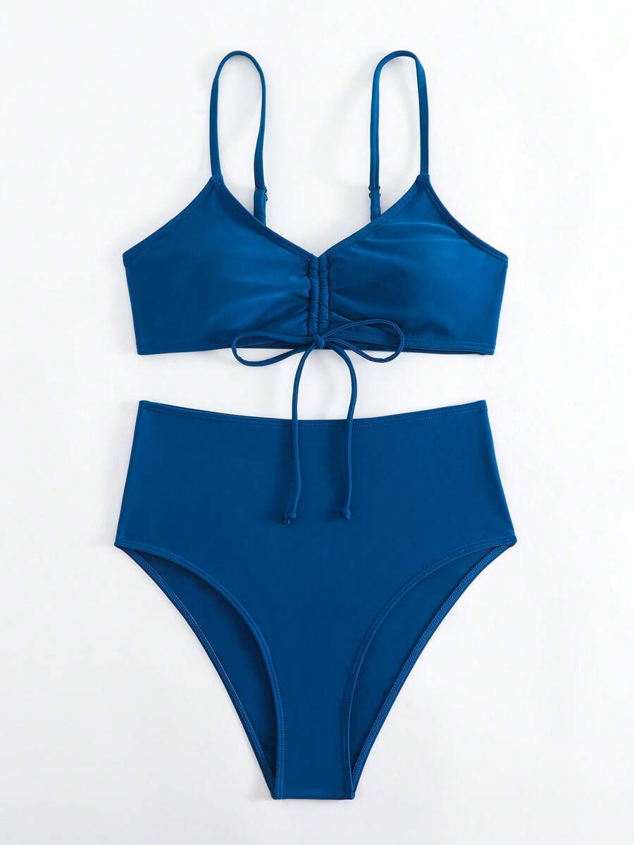 束口高腰比基尼套裝 - 藍色 - 查看 1