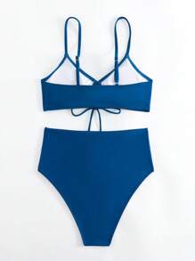 束口高腰比基尼套裝 - 藍色 - 查看 2
