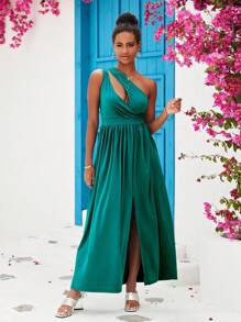 ZIAI One Shoulder Cut Out Split Thigh Dress - Green - View 1