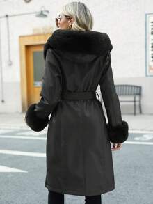 Giolshon Women's Fall/Winter Faux Leather Jacket - Hooded, Faux Fur Collar, Adjustable Waist Belt For Edgy Commuting & Layering - Black - View 4