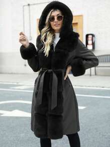 Giolshon Women's Fall/Winter Faux Leather Jacket - Hooded, Faux Fur Collar, Adjustable Waist Belt For Edgy Commuting & Layering - Black - View 6