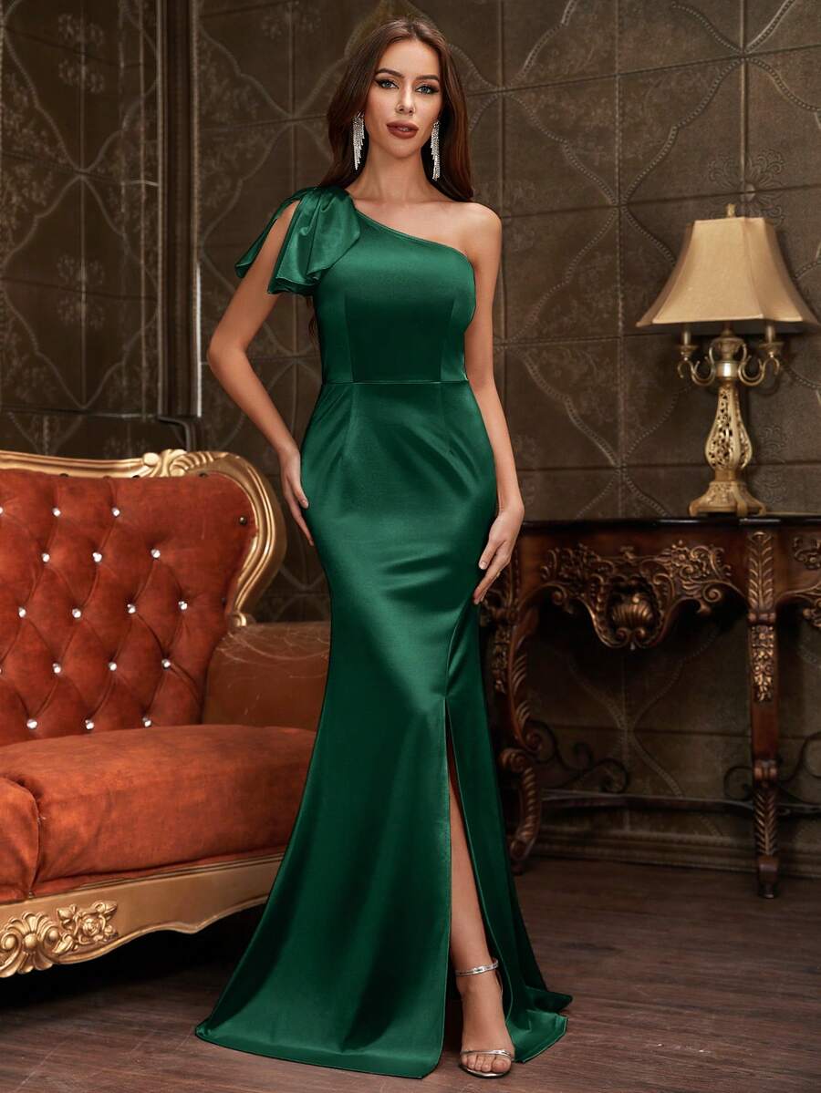 MUXXN Một bờ vai Tách đùi Xa ten Đầm Party - Màu xanh lá cây đậm - Xem 1