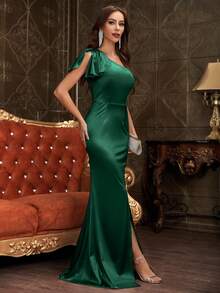 MUXXN Một bờ vai Tách đùi Xa ten Đầm Party - Màu xanh lá cây đậm - Xem 3