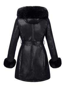 Giacca in ecopelle e pelliccia sintetica da donna con cintura di Giolshon - una scelta ideale per l'autunno/inverno, design alla moda con laccio in vita, adatta per uso casual o per andare al lavoro, elegante in colore nero - nero - Visualizzare 9