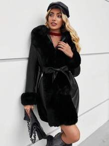 Giacca in ecopelle e pelliccia sintetica da donna con cintura di Giolshon - una scelta ideale per l'autunno/inverno, design alla moda con laccio in vita, adatta per uso casual o per andare al lavoro, elegante in colore nero - nero - Visualizzare 4