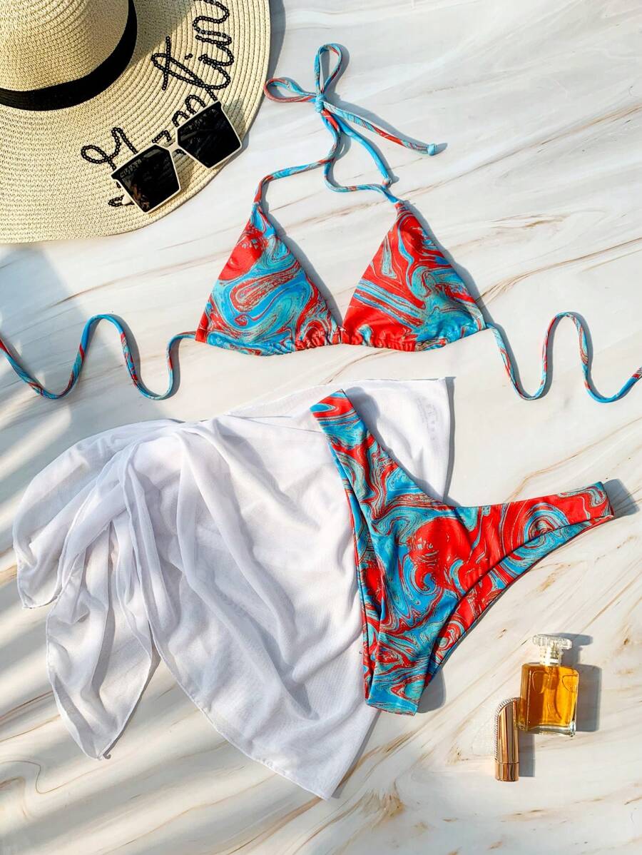 SHEIN Swim 滿版印花掛脖三角杯比基尼泳裝附沙灘裙 - 彩色 - 查看 1