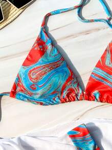 SHEIN Swim 滿版印花掛脖三角杯比基尼泳裝附沙灘裙 - 彩色 - 查看 6