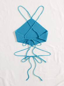Breezaya Lace Up Backless Knit Top - Baby Blue - View 2